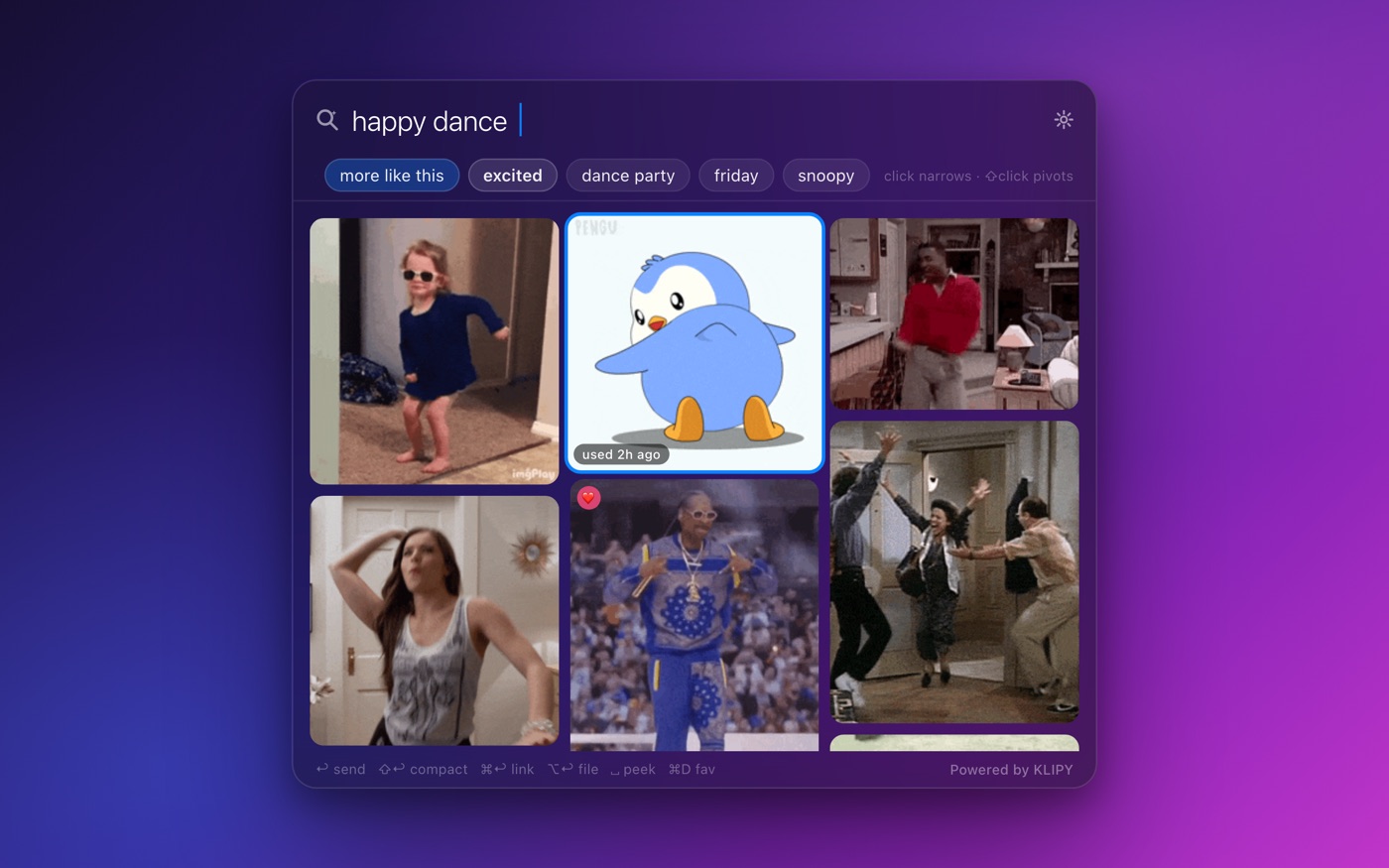 The BetterGifBar panel searching 'happy dance' over a purple desktop
