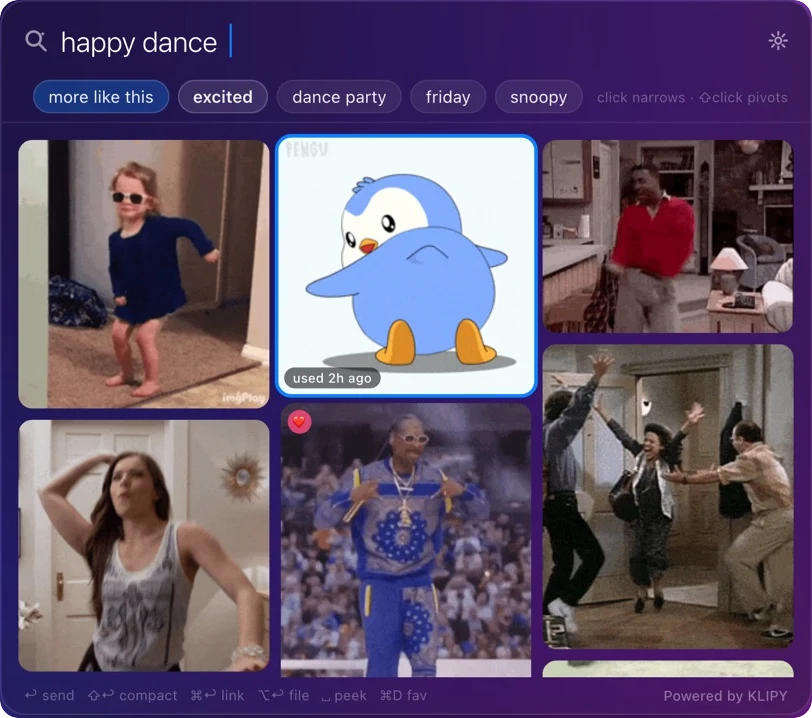 The BetterGifBar panel on Mac, searching &lsquo;happy dance&rsquo; with pivot chips and a grid of results